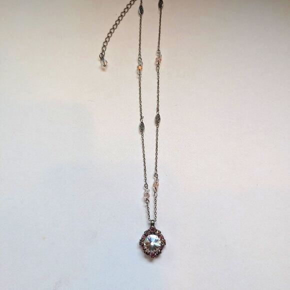 Sorrelli Vintage Brushed Antique Silver Pendant with Clear and Pink Crystals - Picture 5 of 8